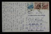 1955年北京寄捷克明信片一件、贴普4（3000元）二枚、普7（100元）一枚、销12月12日北京戳