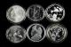 2007年熊貓1盎司普製銀幣、美國鷹洋、加拿大楓葉、澳大利亞考拉、墨西哥自由女神、英國不列顛女神1盎司銀幣各一枚，共六枚