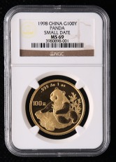 1998年熊猫1盎司普制金币一枚（小字版、NGC MS69）